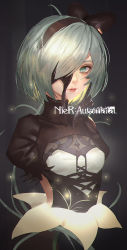 Rule 34 | 1girl, black dress, black hairband, blindfold, blindfold slip, breasts, cleavage cutout, closed mouth, clothing cutout, copyright name, dress, eyelashes, flower, green eyes, hair over one eye, hairband, highres, juliet sleeves, leotard, lips, long sleeves, looking at viewer, nier (series), nier:automata, nose, one eye covered, puffy sleeves, ribbed dress, shori bun, short hair, short sleeves, silver hair, small breasts, solo, upper body, white legwear, 2b (nier:automata)