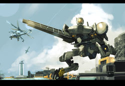 Rule 34 | aircraft, bigegg, cannon, city, cloud, day, helicopter, letterboxed, magnetic weapon, mecha, metal gear (series), metal gear solid: peace walker, metal gear zeke, naruto, naruto (series), no humans, non-humanoid robot, railgun, robot, sky, uzumaki naruto, walker (robot), weapon