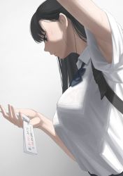 Rule 34 | 1girl, armpits, black hair, blue bow, blue bowtie, blue eyes, bow, bowtie, bra visible through clothes, breasts, closed mouth, commentary request, gradient background, grey background, highres, holding, kaminari doon, long hair, medium breasts, original, school uniform, see-through, shirt, short sleeves, solo, sweat, translation request, wet, wet clothes, wet shirt, white shirt