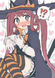 Rule 34 | !?, 1girl, animal ears, asagumo (kancolle), asashio (kancolle), asashio (kancolle) (cosplay), black dress, blush, brown hair, cape, cat ears, cat tail, cosplay, dress, frilled dress, frills, gloves, hair ribbon, halloween, halloween costume, hat, heart, highres, kantai collection, long hair, long sleeves, nose blush, open mouth, pinafore dress, ribbon, school uniform, shirt, simoyuki, simple background, sleeveless, sleeveless dress, solo, striped clothes, striped thighhighs, sweat, tail, thighhighs, twintails, white background, white gloves, white shirt, witch hat