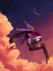Rule 34 | 1girl, black hair, book, cloud, dusk, floating, flying, genshin impact, hat, high heels, highres, long hair, mona (genshin impact), moon, pantyhose, reading, scarf, sky, some1else45, star (sky), witch, witch hat