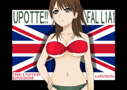 Rule 34 | 1girl, bare shoulders, bikini, breasts, brown hair, cartridge, character name, cleavage, copyright name, fal (upotte!!), flag, inmist, large breasts, long hair, purple eyes, solo, swimsuit, union jack, upotte!!