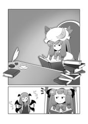 Rule 34 | bat wings, bespectacled, blush, book, bow, braid, chair, comic, crescent, desk, female focus, flapping, formal, frown, glasses, greyscale, hat, head wings, inkwell, koakuma, long hair, monochrome, necktie, okuno fuji, open book, patchouli knowledge, quill, reading, smile, suit, tea, embodiment of scarlet devil, touhou, wings