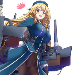 Rule 34 | 1girl, :d, atago (kancolle), beret, black gloves, black pantyhose, blonde hair, blue hat, blue jacket, blue skirt, blush, breasts, cowboy shot, dated, frilled sleeves, frills, from below, gloves, hand on own hip, hat, highres, jacket, kantai collection, large breasts, long hair, long sleeves, looking at viewer, looking down, military, military jacket, military uniform, moke ro, open mouth, panties, panties under pantyhose, pantyhose, rigging, simple background, skirt, smile, solo, straight hair, thighband pantyhose, underwear, uniform, very long hair, white background