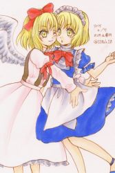 Rule 34 | 2015, 2girls, :o, ;), apron, bare arms, blonde hair, blue dress, blue footwear, bow, bowtie, character name, closed mouth, dated, dress, eyebrows, feathered wings, gengetsu (touhou), hair bow, highres, hug, io (maryann blue), long skirt, long sleeves, maid apron, maid headdress, mugetsu (touhou), multiple girls, one eye closed, open mouth, pink shirt, pink skirt, puffy long sleeves, puffy short sleeves, puffy sleeves, red bow, red bowtie, shirt, short hair, short sleeves, siblings, sisters, skirt, skirt set, smile, touhou, touhou (pc-98), traditional media, twitter username, waist apron, white apron, white wings, wings, yellow eyes