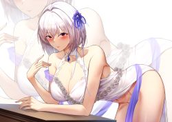 Rule 34 | 1girl, absurdres, azur lane, bare shoulders, blue nails, blue ribbon, blush, breasts, cleavage, closed mouth, collarbone, commentary, dated commentary, dress, feet out of frame, hair ribbon, highres, large breasts, leaning forward, lips, looking at viewer, misa pika, nail polish, navel, official alternate costume, orange eyes, ribbon, short hair, sirius (azur lane), sirius (white rose) (azur lane), smile, solo, standing, table, thighs, white background, white dress, white hair