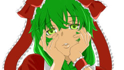 Rule 34 | 1girl, derivative work, female focus, frills, front ponytail, gasai yuno, green eyes, green hair, hair between eyes, hair ornament, hair ribbon, hands on own cheeks, hands on own face, kagiyama hina, long hair, matching hair/eyes, mirai nikki, open mouth, parody, portrait, ribbon, simple background, solo, theo1227, touhou, white background, wrist cuffs, yandere, yandere trance