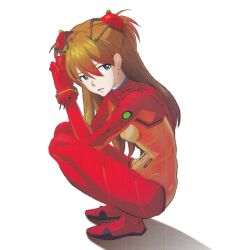 Rule 34 | 00s, 1girl, absurdres, blue eyes, bodysuit, brown hair, covered navel, evangelion: 2.0 you can (not) advance, full body, hair ornament, highres, long hair, looking at viewer, multicolored clothes, neon genesis evangelion, official art, plugsuit, rebuild of evangelion, red bodysuit, scan, see-through, see-through bodysuit, shiny clothes, simple background, solo, souryuu asuka langley, squatting, test plugsuit, very long hair, white background, wide hips