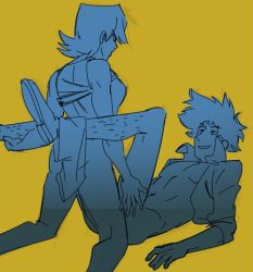 Rule 34 | 1boy, 1girl, breasts, cowboy bebop, electra ovilo, eye contact, kneeling, looking at another, sex, simple background, spike spiegel, spiked hair, yellow background