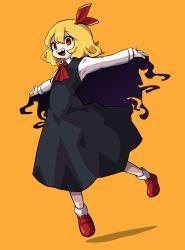 Rule 34 | 1girl, ascot, asutoro (s--t), black dress, blonde hair, collared shirt, commentary, darkness, dress, floating, full body, hair ribbon, highres, long sleeves, looking at viewer, medium dress, open mouth, orange background, outstretched arms, red ascot, red eyes, red footwear, red ribbon, ribbon, rumia, shadow, sharp teeth, shirt, shoes, short hair, simple background, smile, socks, solo, spread arms, teeth, touhou, white shirt, white socks