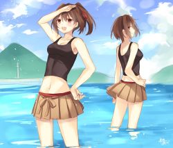 Rule 34 | 10s, 2girls, :d, artist name, breasts, brown eyes, brown hair, cleavage, cloud, day, from side, hyuuga (kancolle), ise (kancolle), jpeg artifacts, kantai collection, midriff, multiple girls, one-hour drawing challenge, open mouth, outdoors, pleated skirt, ponytail, shading eyes, short hair, signature, sketch, skirt, sky, smile, tank top, toosaka asagi, wading, water