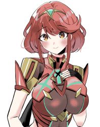 Rule 34 | 1girl, armor, asymmetrical hair, black gloves, blush, breasts, diadem, dot, eyelashes, female focus, fingerless gloves, gloves, hair between eyes, hand on own chest, head tilt, highres, impossible clothes, iruka, jewelry, large breasts, looking at viewer, matching hair/eyes, nintendo, pyra (xenoblade), red eyes, red hair, shiny clothes, shiny skin, short hair, shoulder armor, sidelocks, sketch, smile, solo, upper body, white background, xenoblade chronicles (series), xenoblade chronicles 2
