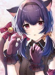 Rule 34 | 1girl, animal ear fluff, animal ears, bad id, bad pixiv id, black hairband, blue hair, blurry, blurry background, blush, bow, breasts, brown bow, brown shirt, cat ears, cat girl, cat tail, center frills, cherry blossoms, collared shirt, commentary request, depth of field, frills, gloves, hair between eyes, hair bow, hairband, hands up, highres, idolmaster, idolmaster shiny colors, kemonomimi mode, long hair, low twintails, medium breasts, morino rinze, parted lips, polka dot, polka dot bow, red bow, red eyes, red gloves, satoimo chika, shirt, short twintails, sleeveless, sleeveless shirt, solo, tail, tail raised, twintails, upper body