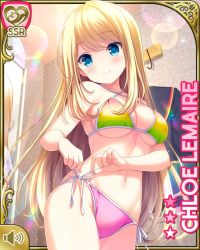 Rule 34 | 1girl, bare arms, bare legs, barefoot, bikini, blonde hair, blue eyes, breasts, character name, chloe lemaire, cleavage, day, girlfriend (kari), green bikini, indoors, large breasts, long hair, multicolored bikini, multicolored clothes, navel, official art, open mouth, pink bikini, qp:flapper, shopping, side-tie bikini bottom, smile, solo, swimsuit, thighs