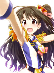 Rule 34 | 1girl, :d, arm up, armpits, brown eyes, brown hair, commentary request, crystal night party (idolmaster), dress, epaulettes, hair ornament, heart, heart-shaped pupils, highres, idolmaster, idolmaster cinderella girls, itou yuuji, long hair, looking at viewer, one side up, open mouth, round teeth, shimamura uzuki, shine!! (idolmaster), smile, solo, striped clothes, striped dress, symbol-shaped pupils, teeth, very long hair
