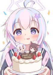 Rule 34 | 2girls, :p, ahoge, blue archive, blue hair, blush, cake, commentary request, food, hair ornament, halo, highres, holding, holding plate, kazusa (blue archive), long hair, looking at viewer, multicolored hair, multiple girls, pink hair, plate, purple eyes, purple halo, reisa (blue archive), school uniform, sparkling eyes, star (symbol), star hair ornament, stat halo, tongue, tongue out, two-tone hair, upper body, yuki (user tjvn3757)