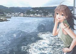 Rule 34 | 1girl, ahoge, aqua eyes, arm up, armpit peek, black skirt, blue sky, blurry, boat, bokeh, breasts, brown hair, city, cloud, commentary request, day, depth of field, grey shirt, hand on own face, hand on railing, looking to the side, medium breasts, medium hair, mountainous horizon, ocean, open mouth, original, outdoors, scenery, sena (illust sena), shirt, skirt, sky, sleeveless, sleeveless shirt, solo, standing, teeth, upper body, upper teeth only, wake, watercraft
