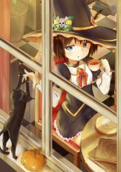 Rule 34 | 1girl, bad id, bad pixiv id, black cat, black hair, blue eyes, cat, chair, commentary request, cup, hat, highres, holding, original, racchi., short hair, sitting, solo, table, tea, teacup, window, witch hat