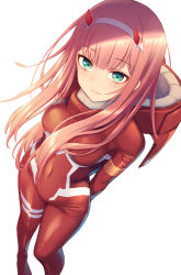 Rule 34 | 10s, 1girl, :3, arms behind back, bodysuit, breasts, closed mouth, covered navel, darling in the franxx, green eyes, horns, kawami nami, long hair, looking at viewer, medium breasts, pink hair, red bodysuit, simple background, skin tight, solo, standing, white background, zero two (darling in the franxx)