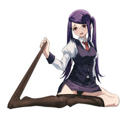 Rule 34 | 1girl, absurdres, black panties, black pantyhose, clothes pull, collared shirt, highres, jill stingray, juliet sleeves, long hair, long sleeves, necktie, open mouth, panties, pantyhose, pantyhose pull, puffy sleeves, pulled by self, purple eyes, purple hair, purple skirt, purple vest, red necktie, shirt, simple background, sitting, skirt, solo, twintails, underwear, va-11 hall-a, vest, white background, white shirt, xiaomai yorik