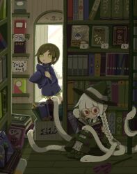 Rule 34 | 2girls, blue headwear, blue robe, book, book stack, bookshelf, bookstore, braid, bright pupils, brown-framed eyewear, brown hair, commentary request, dot mouth, dress, duster, glasses, green dress, green eyes, green footwear, green necktie, grey ribbon, hands up, hat, hat ribbon, highres, holding, holding clothes, holding hat, indoors, knees up, ladder, long hair, multiple girls, necktie, on floor, open book, open door, open mouth, original, piyoko9494, pointy ears, reading, red eyes, ribbon, robe, round eyewear, shoes, shop, short hair, sitting, snake, snake hair, twin braids, unworn hat, unworn headwear, very long hair, white hair, white pupils, white snake, wide sleeves, witch, witch hat, wooden floor