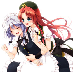 Rule 34 | 2girls, ^ ^, ahoge, apron, beret, blue dress, blue eyes, braid, chinese clothes, chitose (usacan), closed eyes, dress, closed eyes, hair between eyes, hair ribbon, happy, hat, hong meiling, hug, hug from behind, izayoi sakuya, long hair, looking at another, maid, maid apron, maid headdress, multiple girls, open mouth, puffy short sleeves, puffy sleeves, red hair, ribbon, shirt, short hair, short sleeves, side slit, silver hair, simple background, star (symbol), touhou, tress ribbon, twin braids, waist apron, white shirt, yuri