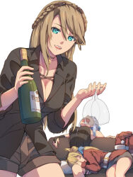 Rule 34 | 3girls, agnes claudel, alcohol, blonde hair, blue eyes, bottle, braid, breasts, bridal gauntlets, brown hair, champagne, chiharu (9654784), couch, crown braid, cup, drinking glass, eiyuu densetsu, elaine auclair, french braid, hair between eyes, hat, highres, holding, holding bottle, holding cup, jewelry, kuro no kiseki, kuro no kiseki ii, large breasts, long hair, looking at viewer, multiple girls, necklace, partially unbuttoned, santa costume, santa hat, shirt, shizuna rem misurugi, shorts, simple background, sleeping, sleeping on person, smile, swept bangs, transparent background, unbuttoned, unbuttoned shirt, white hair, wine glass