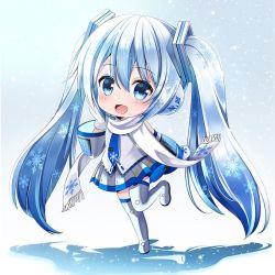 Rule 34 | 1girl, :d, bad id, bad pixiv id, blue eyes, blue footwear, blue hair, blue thighhighs, blush, boots, chibi, commentary request, detached sleeves, fringe trim, full body, gloves, hair between eyes, hair ornament, hatsune miku, headphones, headset, long hair, long sleeves, open mouth, pleated skirt, scarf, shirt, sidelocks, skirt, sleeveless, sleeveless shirt, smile, snowflakes, solo, standing, standing on one leg, thigh boots, thighhighs, twintails, very long hair, vocaloid, white gloves, white scarf, white shirt, white skirt, white sleeves, wide sleeves, yuki miku, yuki miku (2011), yuuka nonoko
