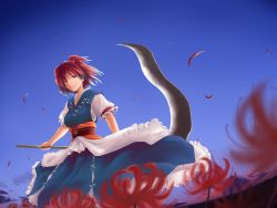 Rule 34 | 1girl, bad id, bad pixiv id, breasts, female focus, hair bobbles, hair ornament, highres, kinsenka, nature, onozuka komachi, outdoors, plant, red eyes, red hair, scythe, short hair, sky, solo, touhou, twintails, two side up