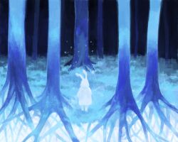 Rule 34 | 1other, animal ears, bad drawr id, bad id, blue theme, darkness, facing away, forest, from behind, grass, hood, hood up, nature, oekaki, original, rabbit ears, roots, shirt, skywalker, standing, white shirt