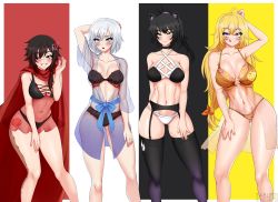 Rule 34 | 4girls, ahoge, alternate hair length, alternate hairstyle, animal ears, arm behind head, bikini, black bikini, black bra, black hair, black panties, black thighhighs, blake belladonna, blonde hair, blue eyes, blush, bra, breasts, cape, cat ears, cat girl, cleavage, cleft of venus, collarbone, gradient hair, grey eyes, hair ornament, highres, lace, large breasts, licking lips, lingerie, looking at viewer, medium breasts, multicolored background, multicolored hair, multiple girls, navel, o-ring, one eye closed, panties, ponytail, purple eyes, pussy, pussy cutout, red cape, red hair, ruby rose, rwby, sash, scar, seductive smile, see-through, short hair, smile, stomach, swimsuit, tabletknight, thick thighs, thighhighs, thighs, toned, toned female, toned stomach, tongue, tongue out, two-tone hair, underwear, weiss schnee, white hair, wide hips, wink, yang xiao long, yellow bikini, yellow bra, yellow eyes