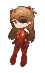 Rule 34 | 1girl, absurdres, artist request, blue eyes, bodysuit, breasts, brown hair, chibi, full body, hair between eyes, hand on own hip, highres, interface headset, long hair, looking at viewer, medium breasts, neon genesis evangelion, pilot suit, plugsuit, rebuild of evangelion, red bodysuit, red headwear, shiny clothes, simple background, solo, souryuu asuka langley, standing, two side up, very long hair, wide hips