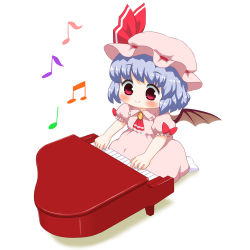 Rule 34 | 1girl, ascot, bat wings, beamed eighth notes, bebeneko, blue hair, blush, brooch, chibi, commentary request, dress, eighth note, from above, hat, hat ribbon, instrument, jewelry, looking down, mob cap, music, musical note, no shoes, piano, pink dress, pink hat, playing instrument, playing piano, puffy short sleeves, puffy sleeves, quarter note, red ascot, red eyes, remilia scarlet, ribbon, short hair, short sleeves, simple background, sitting, smile, solo, touhou, wariza, white background, white legwear, wings