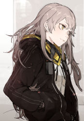 Rule 34 | 1girl, black jacket, black ribbon, brown eyes, brown hair, closed mouth, from side, girls&#039; frontline, hand in pocket, highres, hiranko, hood, hood down, hooded jacket, jacket, long hair, long sleeves, looking away, neck ribbon, open clothes, open jacket, puffy long sleeves, puffy sleeves, ribbon, shirt, solo, ump45 (girls&#039; frontline), upper body, white shirt