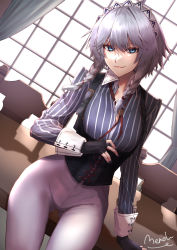 Rule 34 | 1girl, alternate costume, backlighting, black gloves, blue eyes, blue nails, braid, breasts, chair, closed mouth, commentary request, corset, curtains, enoki meno, eyebrows hidden by hair, fingerless gloves, gloves, gluteal fold, grey hair, highres, indoors, izayoi sakuya, lips, long sleeves, maid headdress, medium breasts, nail polish, pants, short hair, short hair with long locks, side braids, sitting, sitting on table, smile, solo, striped, table, touhou, twin braids, vertical stripes, white pants, window