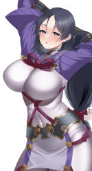 Rule 34 | 1girl, absurdres, arms up, bad id, bad twitter id, black hair, blue eyes, blush, breasts, covered navel, fate/grand order, fate (series), highres, large breasts, long hair, long sleeves, looking at viewer, minamoto no raikou (fate), oidoden2535, parted bangs, parted lips, simple background, solo, white background
