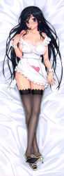 Rule 34 | 1girl, absurdres, apron, bare shoulders, black hair, black thighhighs, blue eyes, breasts, chopsticks, classy cranberry&#039;s, cleavage, dakimakura (medium), full body, happoubi jin, heart, high heels, highres, lace, lace-trimmed legwear, lace trim, large breasts, long hair, mouth hold, naked apron, open shoes, oze kyouka, shoes, solo, thighhighs, wrist cuffs