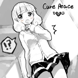 Rule 34 | !?, 10s, 1girl, ^^^, bad drawr id, bad id, blush, cardigan, chiyingzai, d:, drawr, greyscale, hand on own chin, heart, kise yayoi, looking at viewer, looking down, monochrome, oekaki, open mouth, precure, short hair, skirt, smile precure!, solo, spot color
