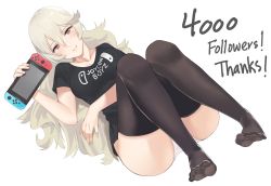 Rule 34 | 1girl, ass, black legwear, corrin (female) (fire emblem), corrin (fire emblem), feet, fire emblem, fire emblem fates, game console, hair between eyes, hair ornament, hairband, handheld game console, highres, j@ck, joy-con, long hair, looking at viewer, nintendo, nintendo switch, panties, playing games, pointy ears, red eyes, shirt, silver hair, simple background, solo, t-shirt, underwear