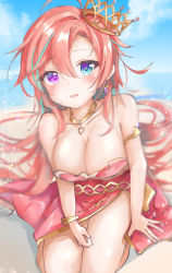 Rule 34 | :o, ahoge, aqua eyes, armband, bare legs, bare shoulders, blush, breasts, cleavage, crown, dress, heterochromia, highres, jewelry, large breasts, long hair, multicolored hair, necklace, parted bangs, purple eyes, red dress, red hair, retang 8, seiza, sitting, sky, strapless, strapless dress, very long hair, wristband