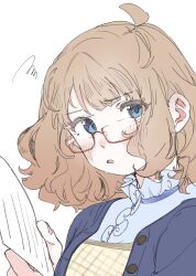 Rule 34 | 1girl, absurdres, ahoge, blue cardigan, blue eyes, blush, brown hair, buttons, cardigan, commentary, flat chest, frilled shirt, frills, glasses, highres, holding, holding paper, idolmaster, idolmaster million live!, looking at viewer, medium hair, meeeeeeco359, paper, parted lips, red-framed eyewear, semi-rimless eyewear, shirt, sidelocks, solo, squiggle, suou momoko, sweat, upper body, wavy hair, white background, white shirt