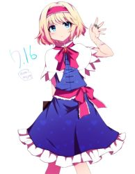 Rule 34 | 1girl, alice margatroid, arm behind back, bad id, bad pixiv id, blonde hair, blue dress, blue eyes, blush, book, bow, bowtie, brooch, capelet, commentary, dress, embellished costume, hairband, heart, heart print, holding, holding book, jewelry, lolita hairband, looking up, puppet rings, red bow, red bowtie, ring, sash, short hair, solo, string, touhou, you (noanoamoemoe)