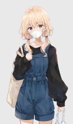 Rule 34 | 1girl, bag, black sweater, blonde hair, blue overalls, cowboy shot, highres, holding, holding bag, light blush, long sleeves, looking at viewer, low twintails, mask, medium hair, mouth mask, original, overalls, red eyes, shiina kuro, shopping bag, simple background, solo, surgical mask, sweater, twintails, white background, white mask
