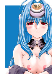 Rule 34 | 00s, 1girl, blue hair, blush, breasts, collar, expressive clothes, gloves, kos-mos, large breasts, long hair, nakajima rei, nipples, nude, red eyes, simple background, solo, third-party edit, upper body, xenosaga