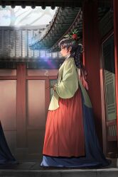 Rule 34 | 1girl, absurdres, architecture, black hair, braid, braided hair rings, breasts, brown eyes, day, east asian architecture, flower, from side, full body, geumsu, hair flower, hair ornament, hair ribbon, hair rings, hanbok, highres, holding, incense, korean clothes, korean commentary, long hair, long sleeves, looking at viewer, medium breasts, original, out of frame, outdoors, photo-referenced, puffy long sleeves, puffy sleeves, queue, red flower, ribbon, sideways glance, smoke, solo, solo focus