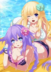 Rule 34 | 10s, 2girls, ;d, absurdres, ass, bangle, bent over, bikini, blonde hair, blue eyes, blush, bracelet, braid, breasts, butt crack, cleavage, collarbone, day, derivative work, flower, frilled swimsuit, frills, hair flower, hair ornament, halterneck, highres, jewelry, large breasts, long hair, looking at viewer, lying, multiple girls, neptune (neptunia), neptune (series), on stomach, one eye closed, open mouth, parted lips, planeptune, power symbol, power symbol-shaped pupils, purple eyes, purple hair, purple heart (neptunia), smile, sparkle, strap pull, sunlight, swimsuit, symbol-shaped pupils, twin braids, vert (neptunia), very long hair, water