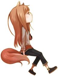 Rule 34 | 1girl, animal ears, arm support, ayakura juu, black footwear, black pants, brown hair, grey shirt, holo, invisible chair, long hair, looking up, lowres, non-web source, novel illustration, official art, pants, pouch, red eyes, shirt, shoes, simple background, sitting, solo, spice and wolf, tail, white background, wolf ears, wolf tail