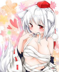 Rule 34 | 1girl, animal ears, anzu ame, bare shoulders, blush, breasts, cleavage, detached sleeves, fang, female focus, hat, heart, inubashiri momiji, large breasts, mouth hold, off shoulder, red eyes, sarashi, short hair, silver hair, smile, solo, tail, tokin hat, touhou, undone sarashi, undressing, upper body, wide sleeves, wolf ears, wolf tail