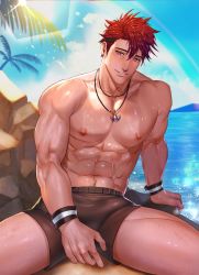 Rule 34 | 1boy, abs, absurdres, arkapami, bara, black male swimwear, blush, brown male swimwear, brown swim trunks, cloud, day, highres, jewelry, kibera (king&#039;s raid), king&#039;s raid, large pectorals, looking at viewer, male focus, male swimwear, muscular, muscular male, navel, necklace, nipples, outdoors, pectorals, purple eyes, red hair, short hair, sideburns, sitting, sky, smile, solo, swim trunks, swimsuit, topless male, wristband