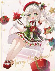 Rule 34 | 1girl, alternate costume, back bow, bow, cross-shaped pupils, dress, english text, full body, genshin impact, gloves, gradient hair, green dress, green eyes, grey hair, hand up, highres, long hair, looking at viewer, mary janes, merry christmas, multicolored hair, nahida (genshin impact), nyanya, open mouth, pointy ears, red footwear, red headwear, shoes, side ponytail, sidelocks, smile, socks, solo, symbol-shaped pupils, white dress, white gloves, white socks